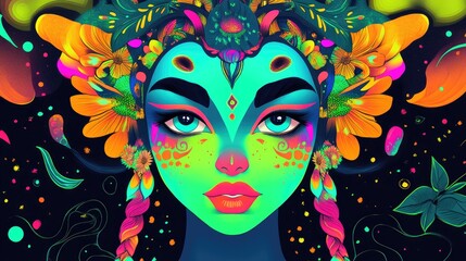 Naklejka premium 2D cartoon depiction of an alien girl s face featuring a vibrant psychedelic hairstyle adorned with braids flowers leaves and decorative elements complemented by bold trendy makeup and natural mot