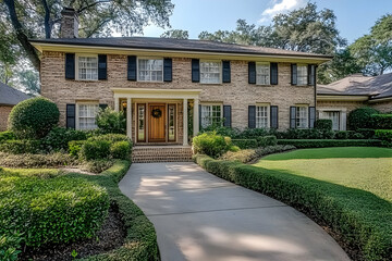 Neighborhood Real Estate Image - A charming two-story brick house with a manicured lawn and landscaped garden.
