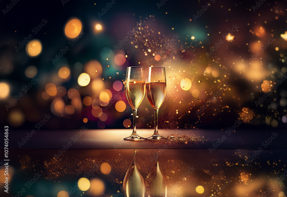 Poster two champagne flutes filled with sparkling wine stand on a surface illuminated by a bokeh of colorfu