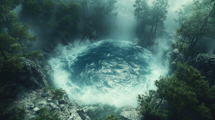 Obraz premium Mysterious swirling pool of water in a dense forest, shrouded in fog.