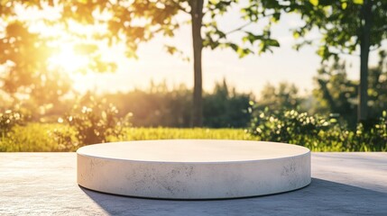 Product podium with a round shape placed on outdoor ground, bathed in warm sunshine, showcasing its sleek design and creating a perfect setting for showcasing products, with soft sunlight casting 