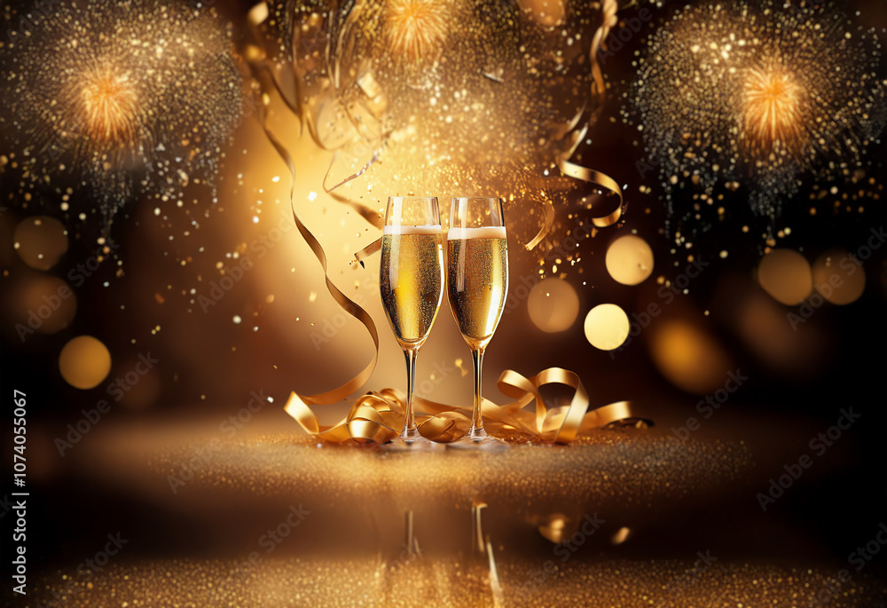 Poster two champagne flutes filled with sparkling wine sit on a table with gold confetti and ribbon. the ba