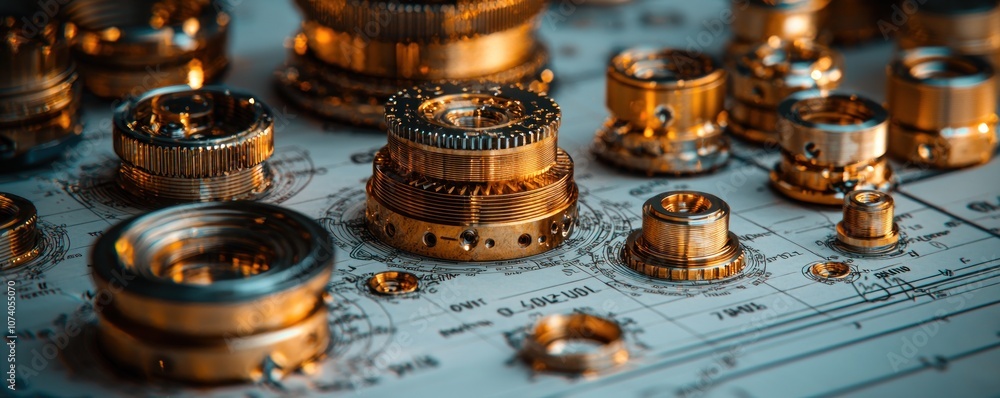 Poster Close-up of Precision Engineered Metallic Components on a Technical Drawing
