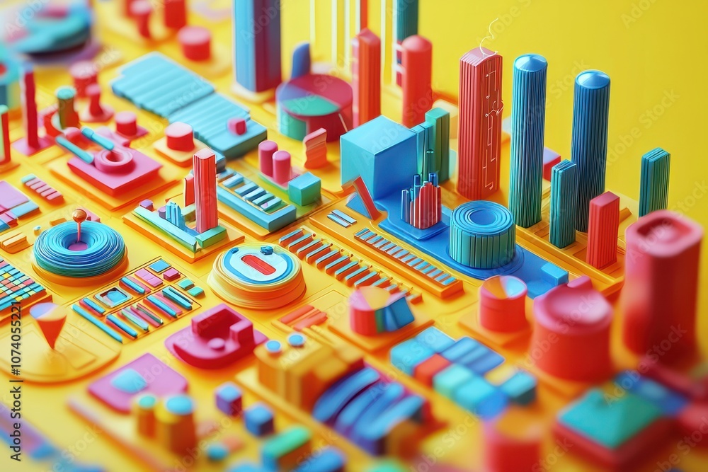 Poster abstract 3d cityscape with colorful geometric shapes