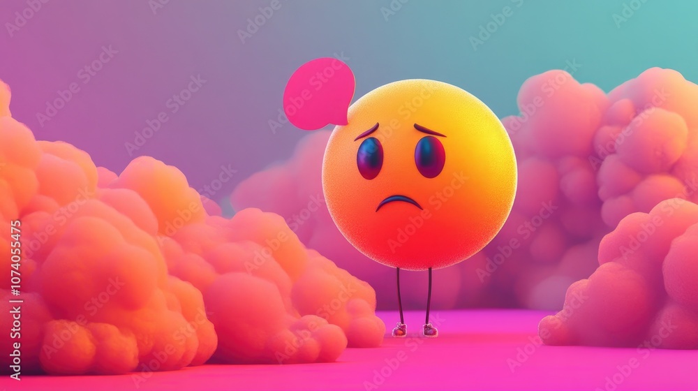 Poster 2d cartoon rendering of a sad emoticon character expressing feelings of failure accompanied by a vib