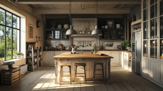Rustic farmhouse kitchen with large window, island, wooden cabinets and rustic decor.