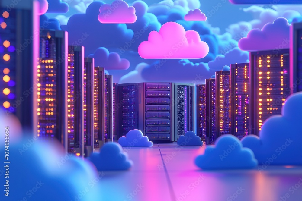 Poster Data Center Servers with Neon Clouds in a Futuristic Setting