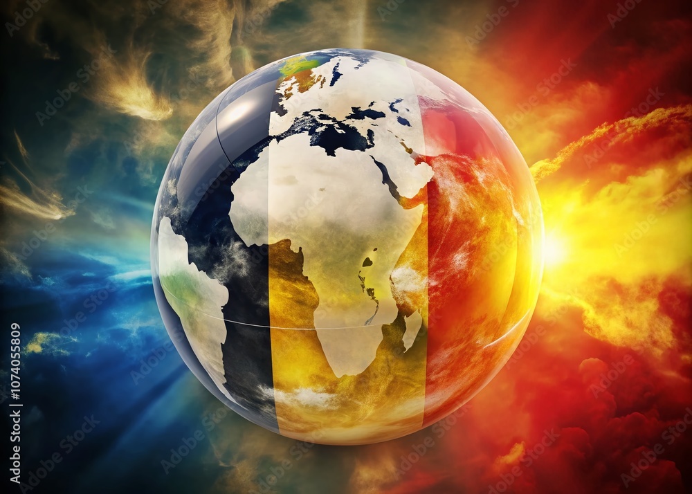 Poster captivating double exposure photography of the belgian flag overlaying a globe, symbolizing unity an