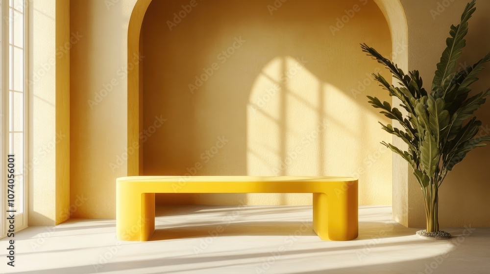 Poster yellow interior featuring a yellow table for product placement in a 3d render