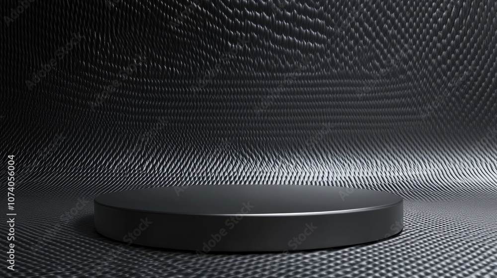 Poster Dark metallic 3D rendered podium for showcasing products featuring an abstract patterned background