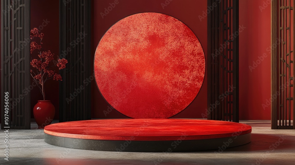 Poster product display podium featuring a vibrant red backdrop with a chinese inspired design rendered in 3