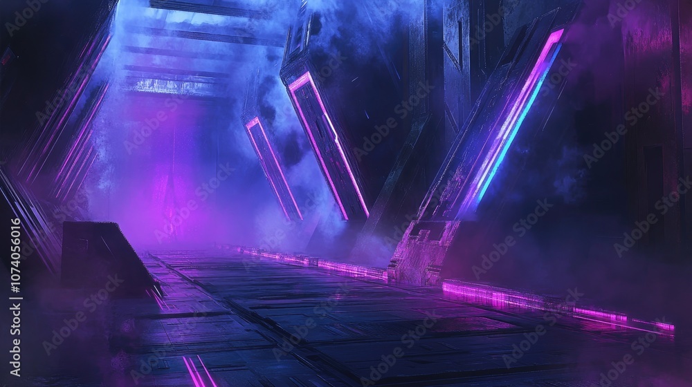 Poster smoke fog and mist envelop a neon lit futuristic podium featuring glowing laser triangles in blue an