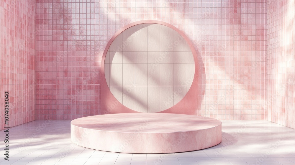 Poster Pastel pink and white tiled interior featuring a round podium for product display Empty space 3D rendering mock up