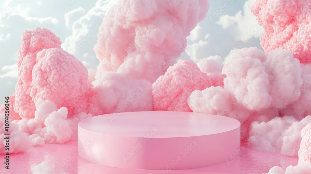 Poster square pink backdrop featuring a pink pedestal and a minimalistic 3d abstract scene created through 