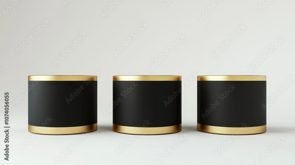 Poster three empty black stands adorned with gold against a white background 3d rendering illustrations for