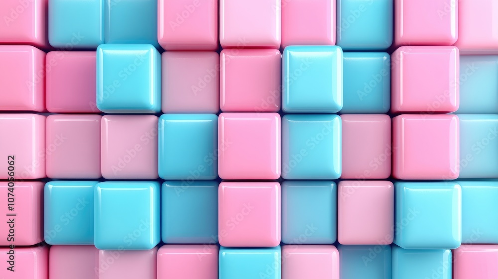 Poster 3D illustration featuring rows of pink and blue squares Collection of cubes on a monochrome background creating a geometric pattern
