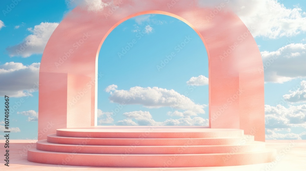 Aufkleber 3D render of stairs stage and podium set against a peach background with blue sky and clouds on a sunny day