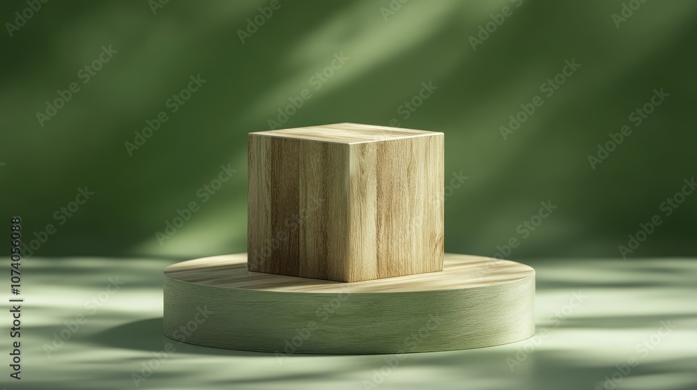 Aufkleber podium mock up for showcasing products featuring a 3d rendered wooden cube on a green backdrop
