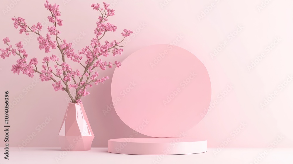 Poster 3D rendering of a pink minimal podium display mockup for product presentation featuring geometric shapes