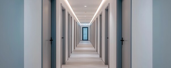 Fototapeta premium A modern hotel corridor featuring sleek doors, neutral colors, and ambient lighting, creating a serene and spacious atmosphere.