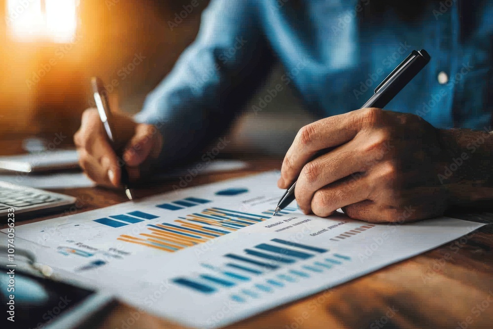 Poster person analyzing financial data with a pen and charts
