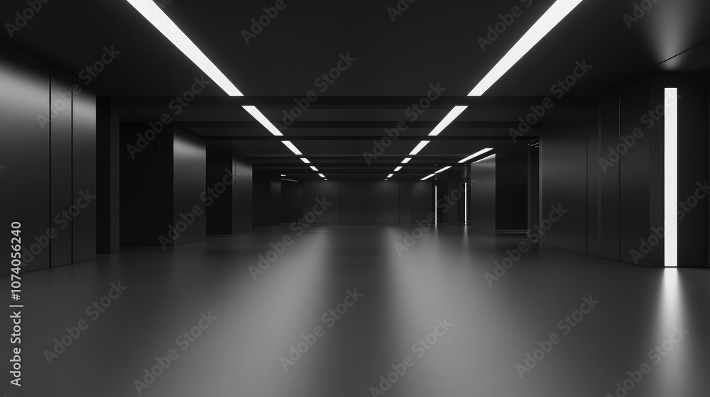 Poster Abstract modern architecture with a black background featuring an empty open space interior 3D rendering