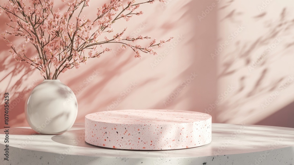 Poster 3d rendering of a pink coral minimal display podium or pedestal for product mockups featuring an abs