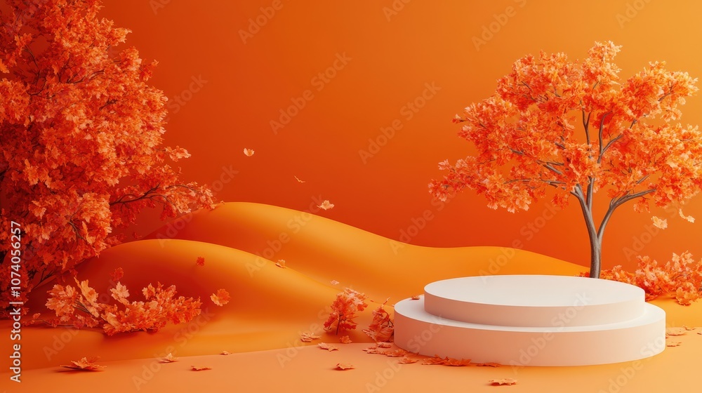 Poster Autumn themed background featuring a product presentation podium with a hill and tree on an orange backdrop 3D rendering
