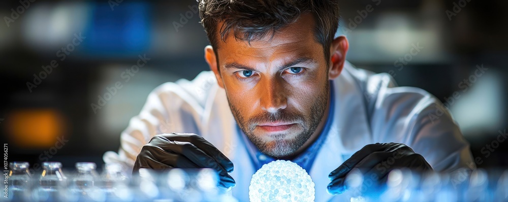 Poster A Scientist Examines a Glowing Orb in a Laboratory Setting