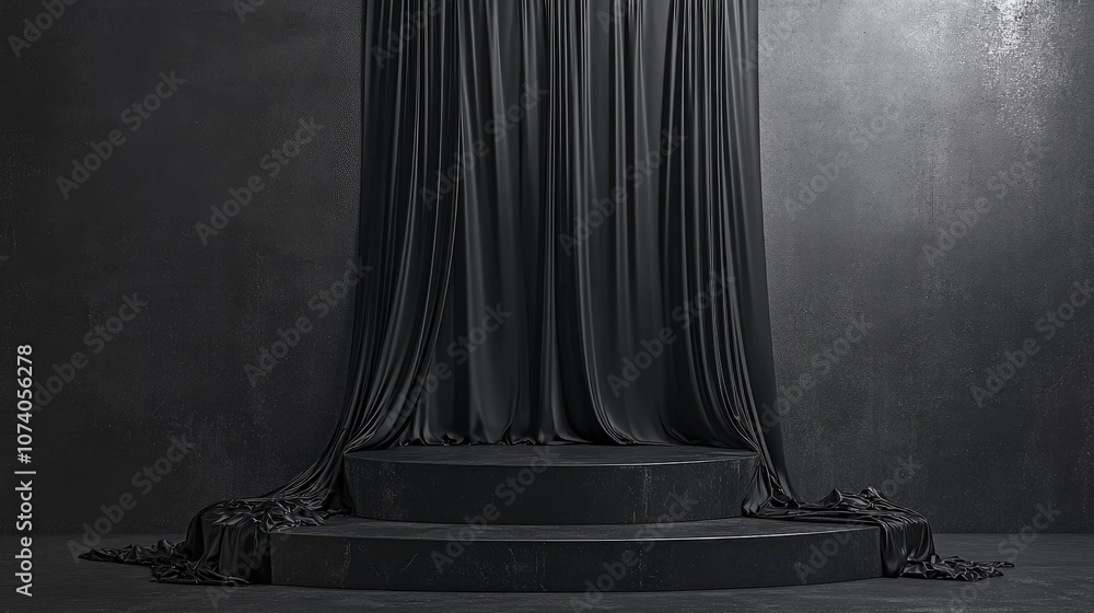 Poster empty podium draped in black cloth 3d rendering