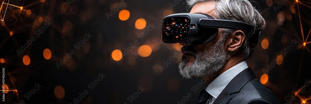 Poster A Man Wearing Virtual Reality Headset With Galaxy Inside and Bokeh Background