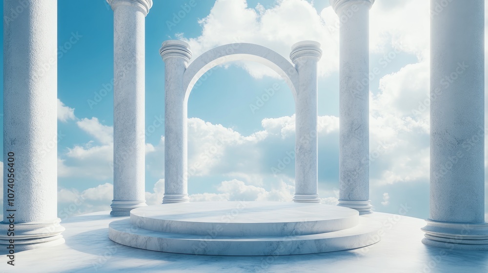 Aufkleber Abstract cylindrical podium for product display featuring columns and a circular opening against a blue sky 3D rendering