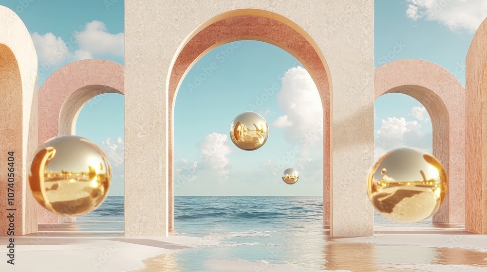 Poster abstract architectural design featuring arches and floating golden spheres against a sandy beach and