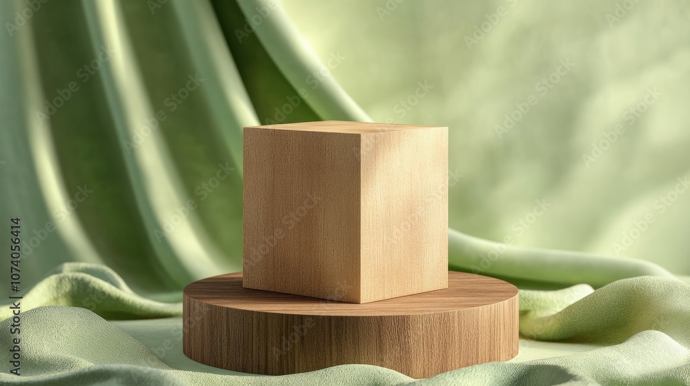 Poster podium mock up for showcasing products featuring a 3d rendered wooden cube on a green backdrop