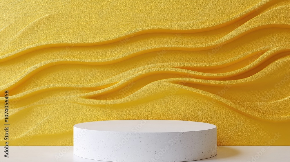 Aufkleber Blank mockup white textured podium against a portrait oriented yellow wave pattern background 3D rendering