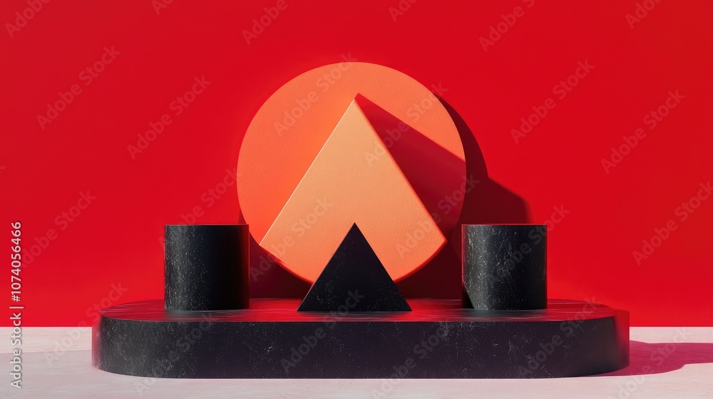 Poster Geometric Shapes Podium Display Featuring Triangles and Cylinders on a Red Background Minimalist Modern Stage with Copy Space for Banner 3D Rendering