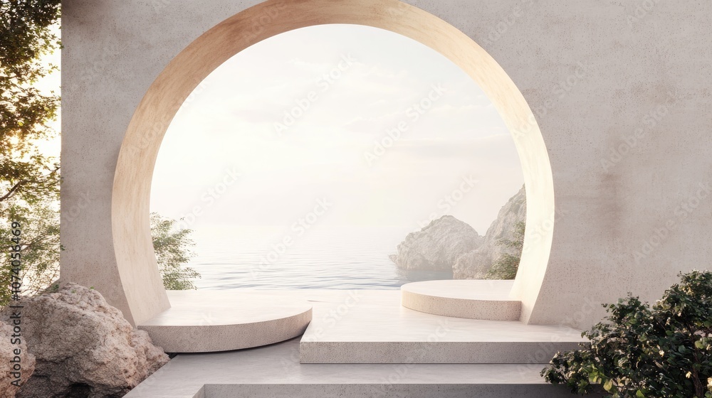 Poster Scene featuring geometric shapes an arch with a platform in natural daylight minimalistic landscape and a sea view 3D rendered background in a summery setting