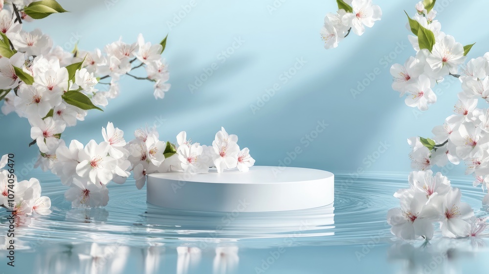 Poster white display podium with water reflection and blooming flowers on a blue background 3d rendering