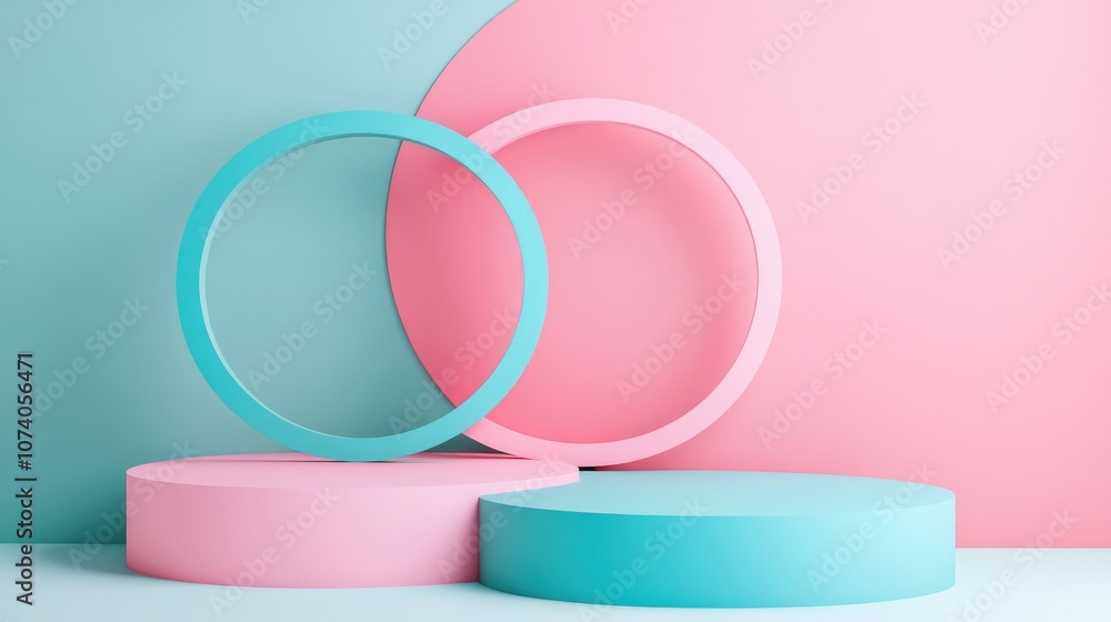 Poster Blue and pink circular objects for 3D product display background