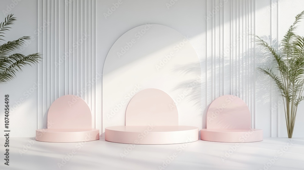 Poster Three empty glossy pink stands with an abstract white geometric background Podium and platform for showcasing cosmetic products Minimalist mockup scene template concept 3D render