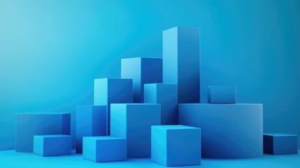 Naklejka premium Simple arrangement of blue cubes and podiums on a blue background 3D illustration
