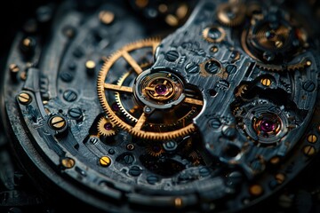 Close-up of a Complex Watch Mechanism with Gears, Springs, and Screws