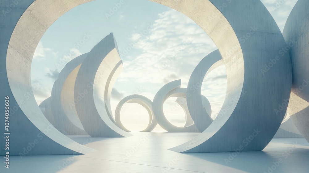 Poster abstract geometric architecture featuring circular frame backgrounds in a white space 3d rendering