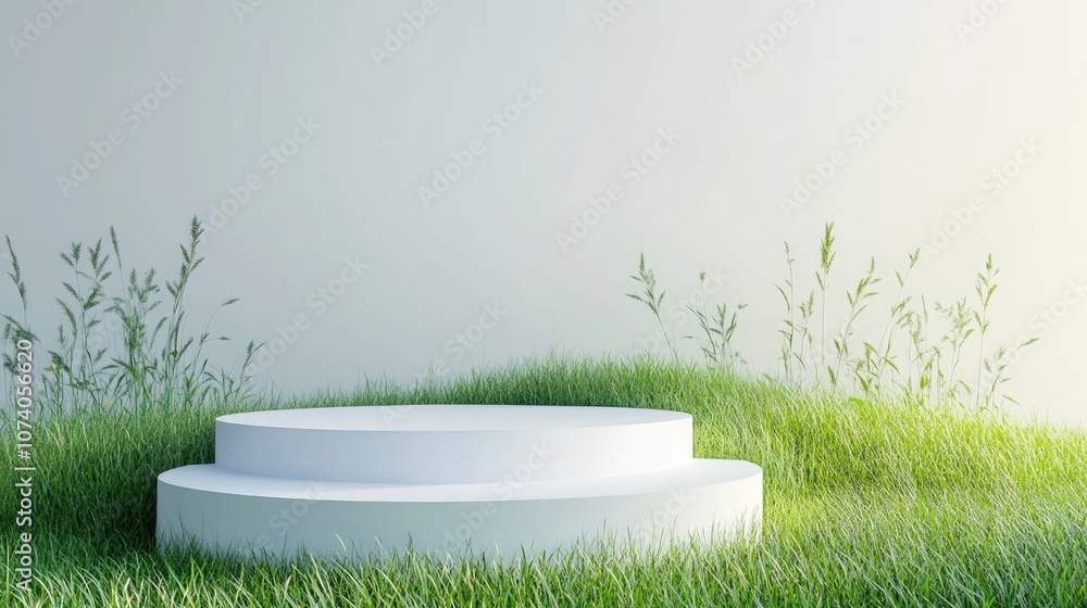 Aufkleber white step podium in a grassy field for product display set against a white background 3d rendering