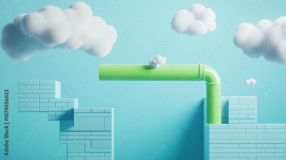 Poster Minimalist composition featuring a green pipe at the center surrounded by brick blocks with white clouds against a blue backdrop Geometric design in 3D rendering suitable for product presentation