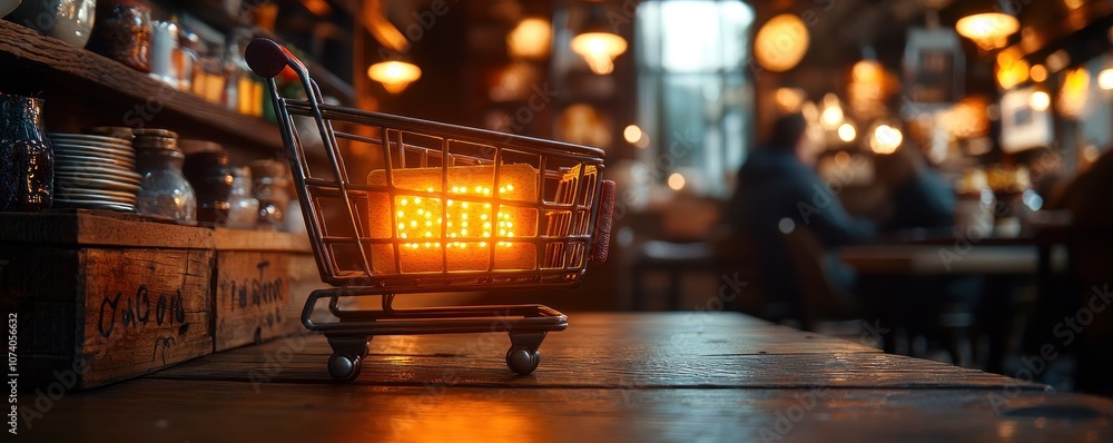Aufkleber illuminated shopping cart on wooden surface in a dimly lit bar
