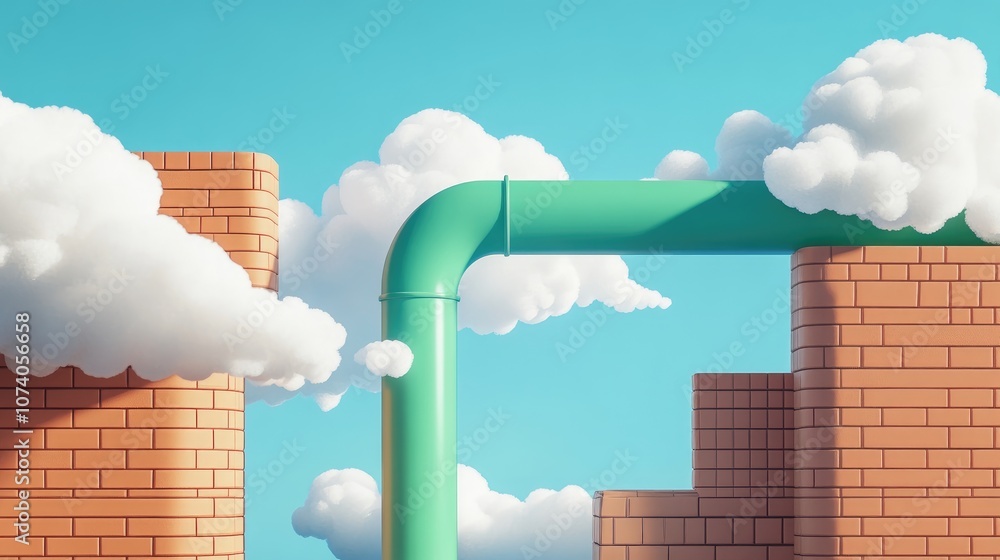Fototapete Minimalist composition featuring a green pipe at the center surrounded by brick blocks with white clouds against a blue backdrop Geometric design in 3D rendering suitable for product presentation