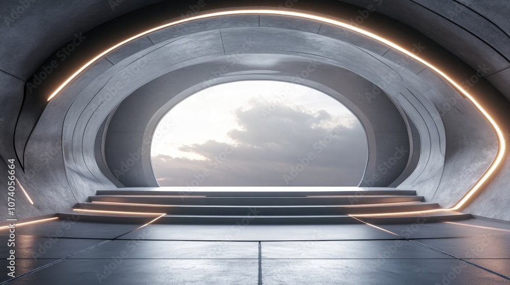 Poster Futuristic interior featuring an empty stage Modern blank platform serving as a backdrop Technology inspired sci fi high tech concept 3D rendering