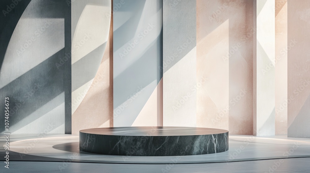Poster Minimalist 3D rendering featuring a podium against an abstract backdrop with geometric shapes in soft pastel hues