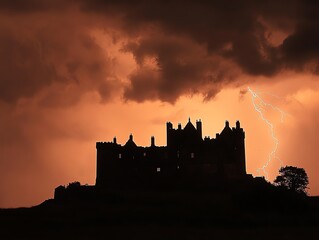 Obraz premium Silhouetted castle in stormy sky with lightning.